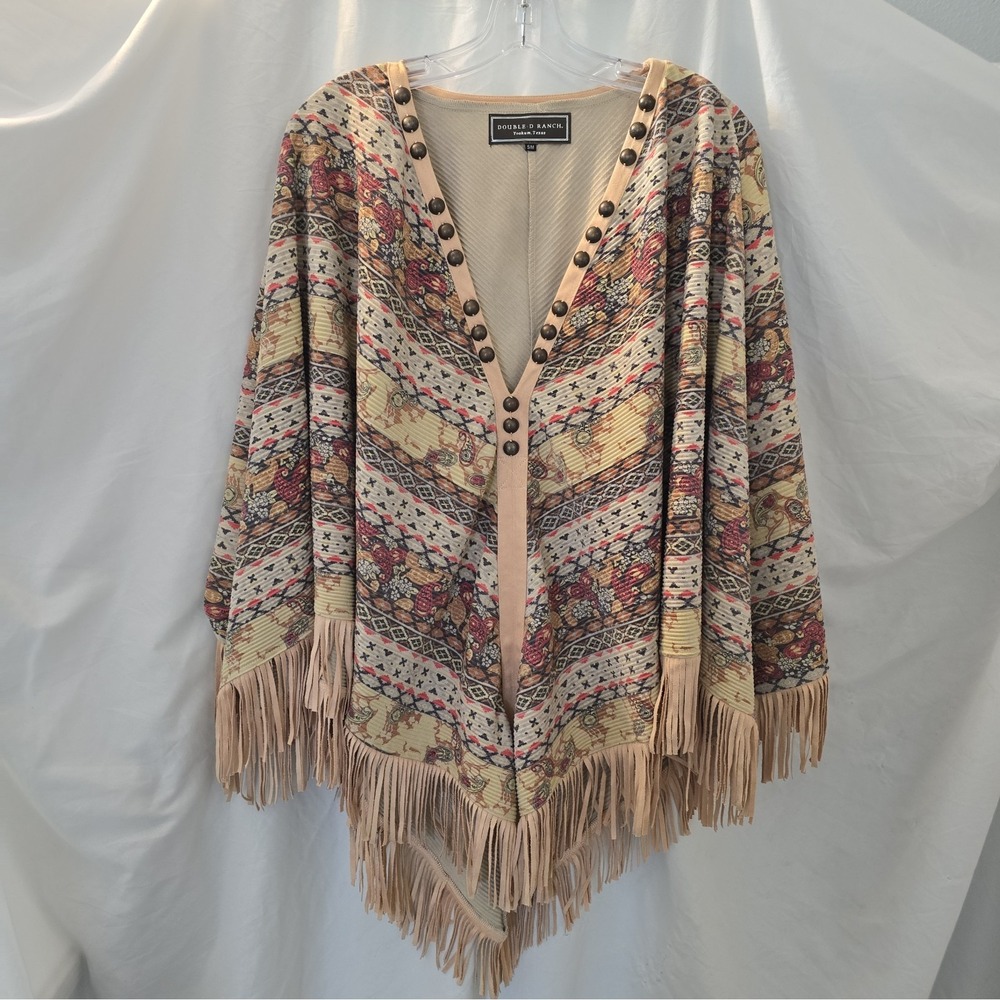 Double D Ranch Printed Fringe Poncho Southwestern Cowgirl Boho-chic Rodeo Sz S/M